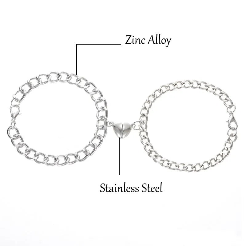 Magnetic couple bracelet set with silver heart charm on stainless steel chain
