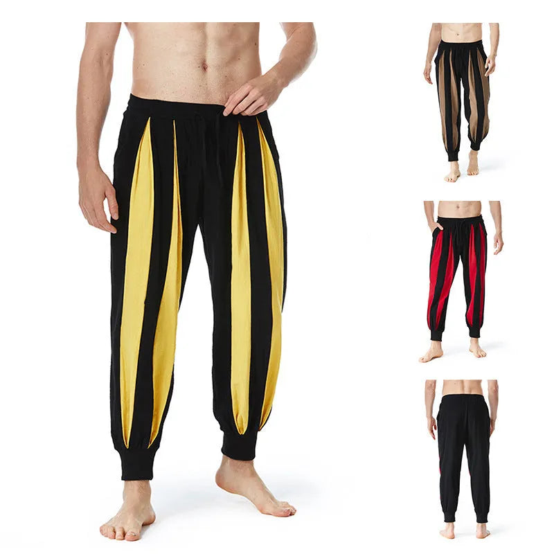 Men's straight leg casual trousers in red, khaki, yellow, or brown colours.