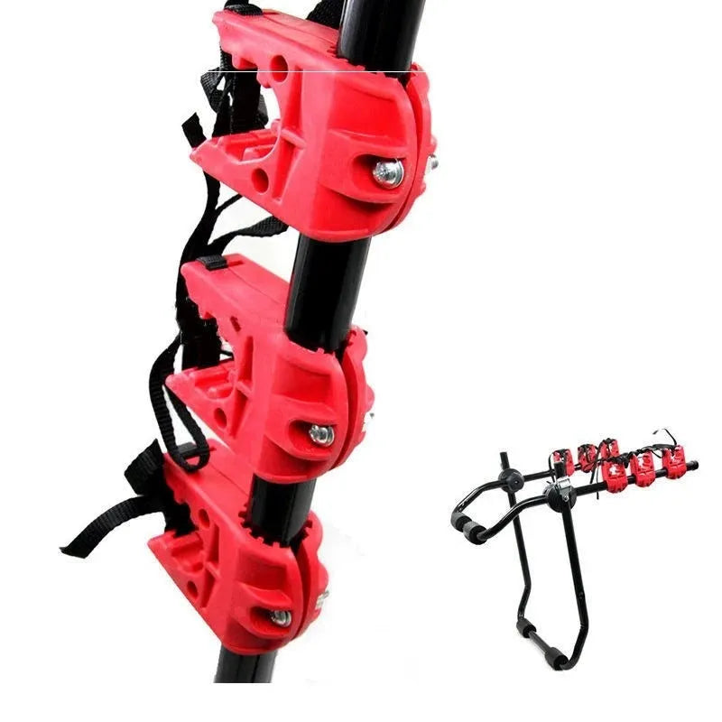 Black and red trunk-mounted car bike rack showing tie rope and pull belt attachment styles.