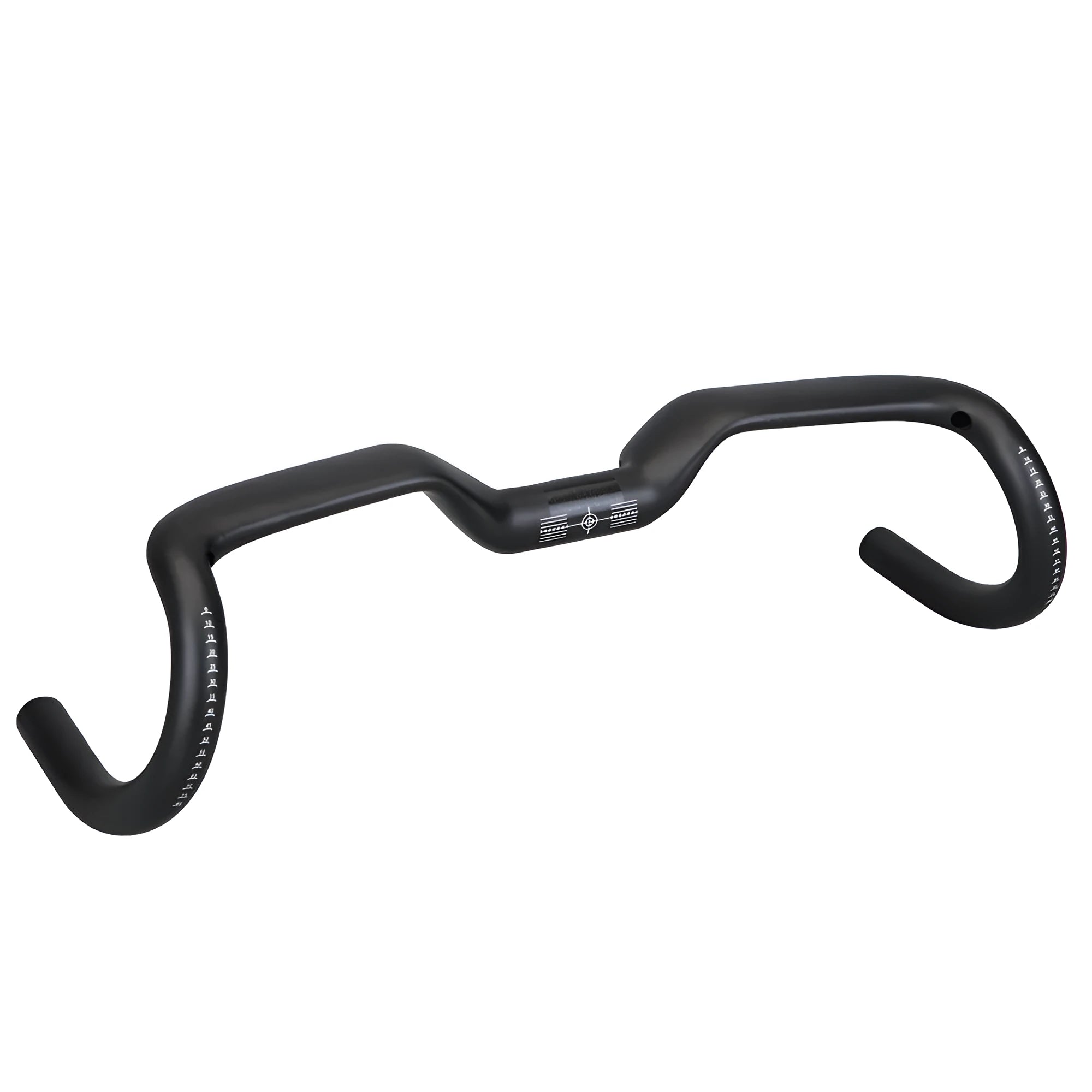 Black carbon fibre bicycle handlebar showing bent shape, with 31.8mm clamp area.
