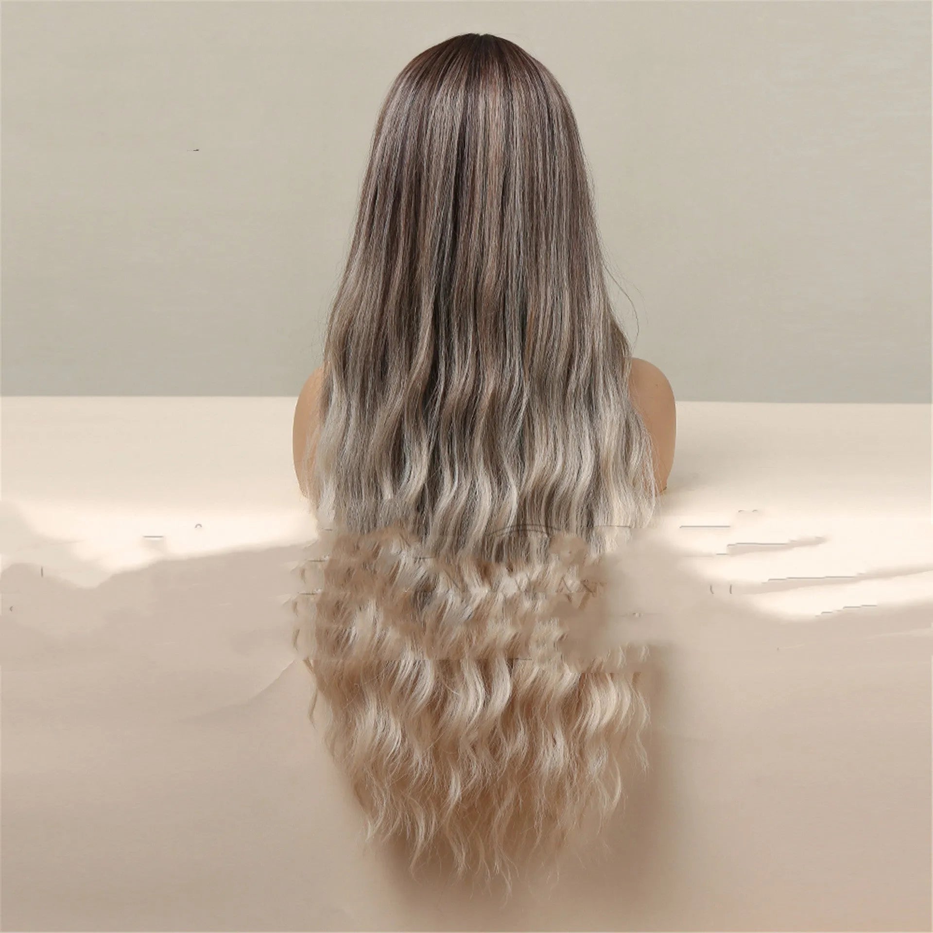 75cm medium brown gradient blonde curly wig on head form showing length and bangs