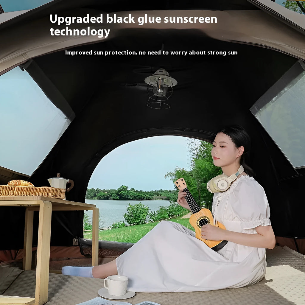 Outdoor portable double camping tent with silver glue quicksand gold material, one door and one window