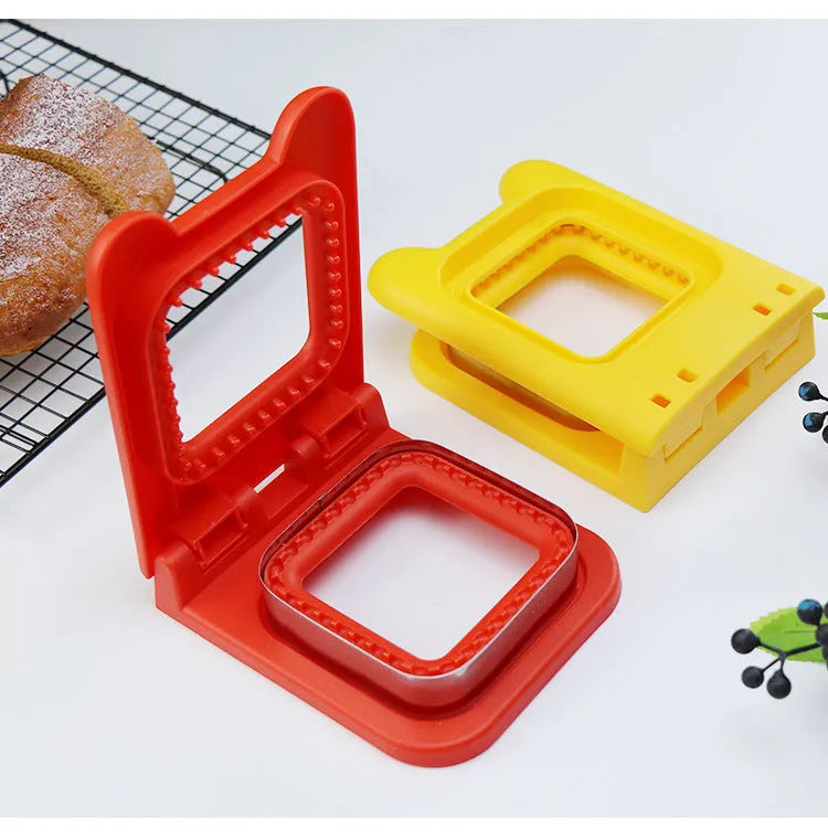Square sandwich cutter press mold in PP, red or yellow, for creative breakfast making