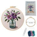Cotton and linen embroidery fabric 28x28cm with purple lily flower design and imitation bamboo frame stand