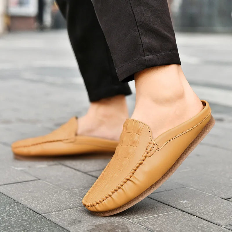 Men's black summer leisure semi-slippers with breathable design, artificial PU upper, and rubber sole.