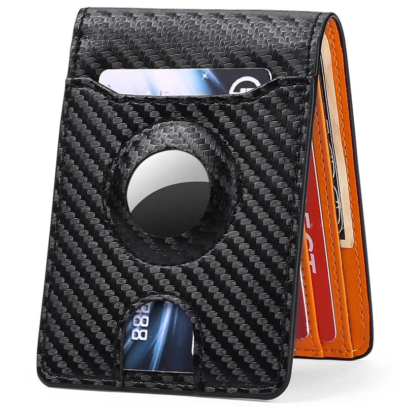 Carbon fibre leather men's wallet with anti-theft swiping, black with orange stitching detail, shown on surface