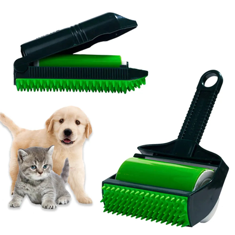 Yellow and green portable washable hair remover with adhesive roller for pet hair and lint.
