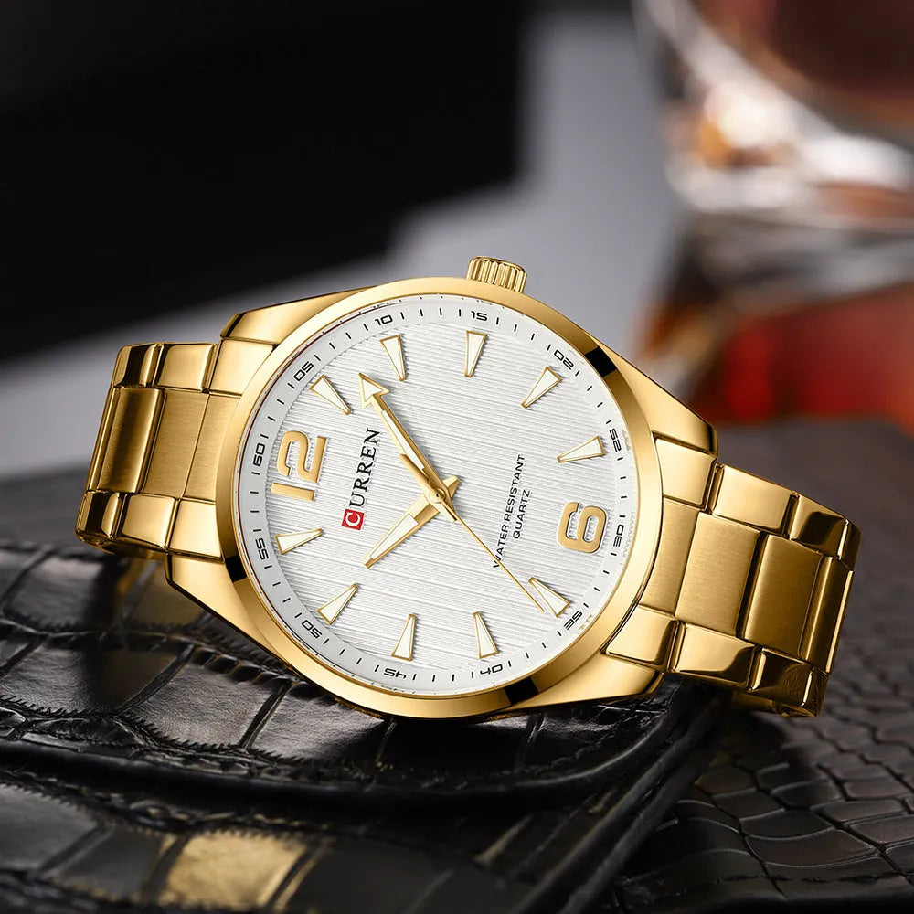 Men's business quartz watch with stainless steel strap, black shell blue colour, 11mm alloy case on display