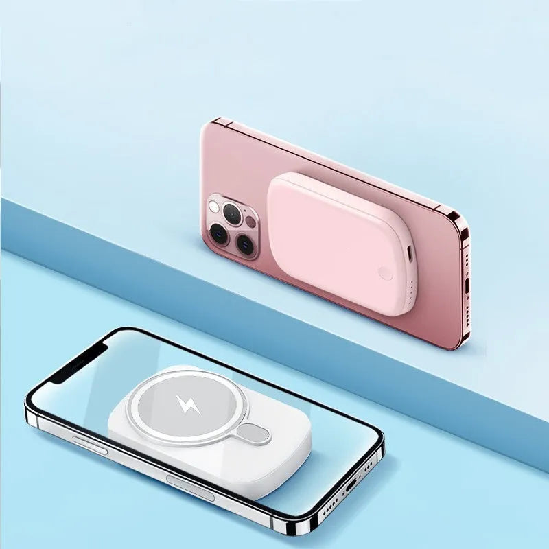 Magsafe magnetic wireless power bank in Barbie Pink colour showing compact design with creative styling