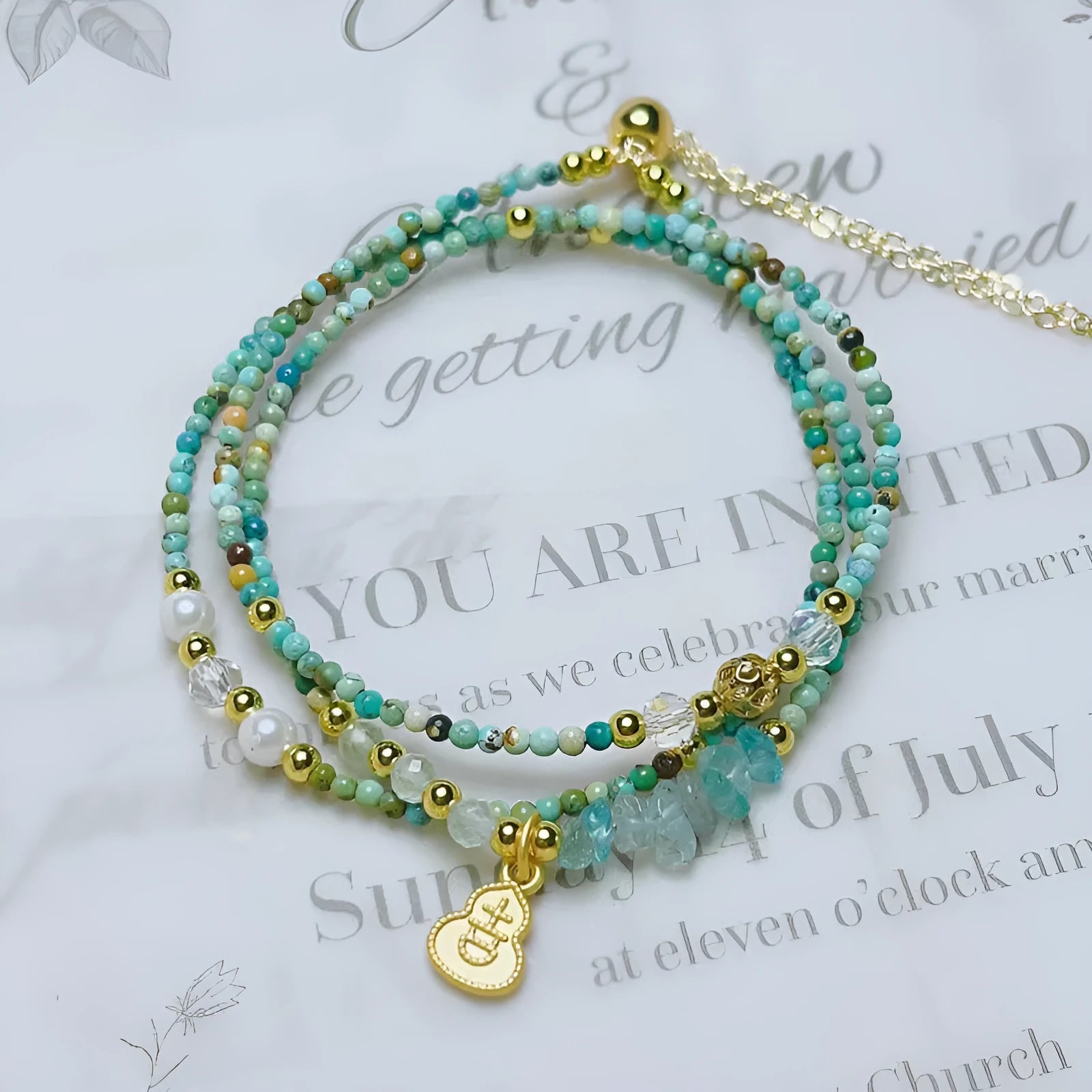 Xiaomi turquoise round beads bracelet with three-ring pull-out adjustable design