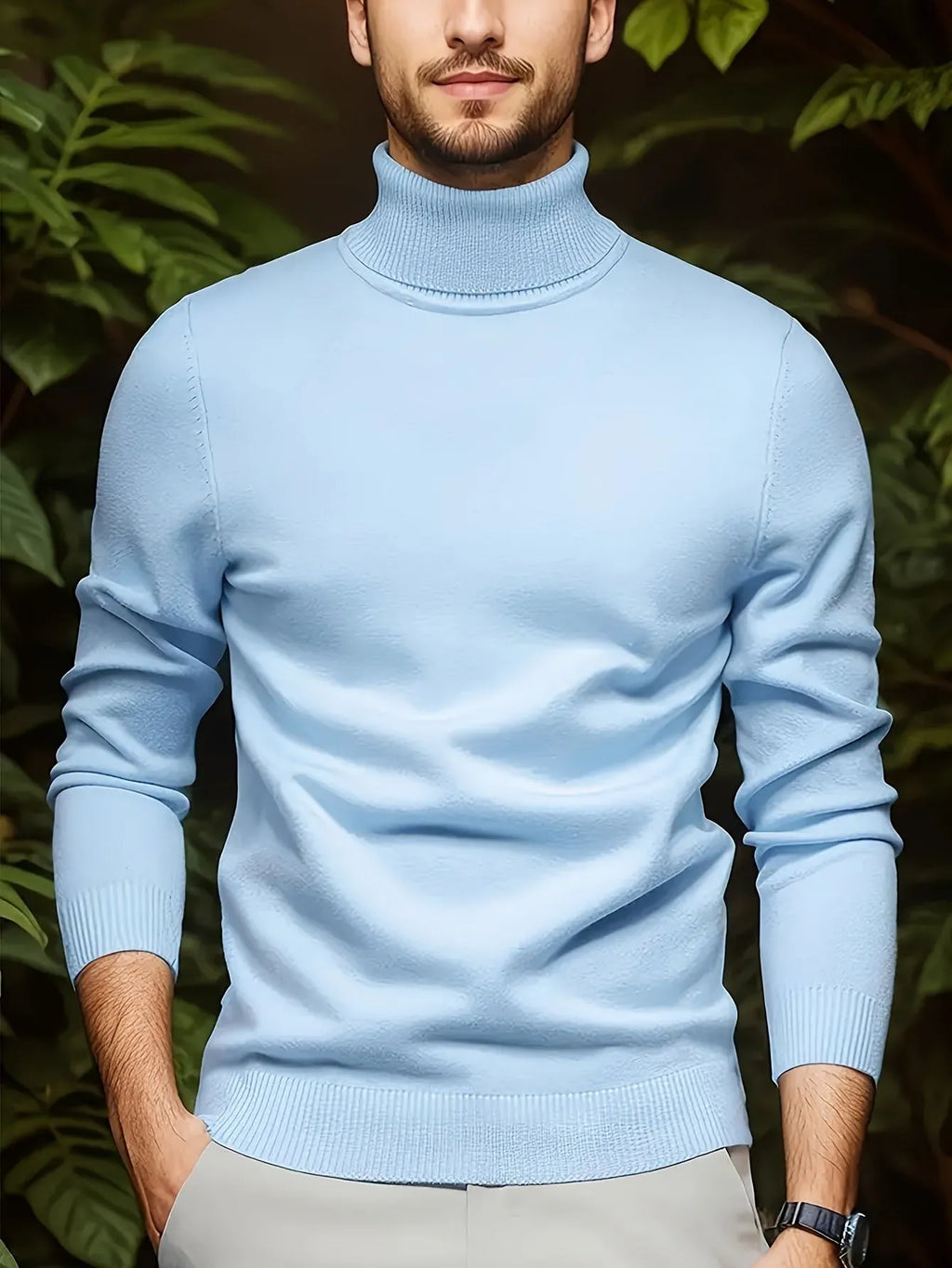 Men's solid color turtleneck sweater in chenille and spandex fabric, available in black, burgundy, coffee, khaki, military blue, sky blue, and white.