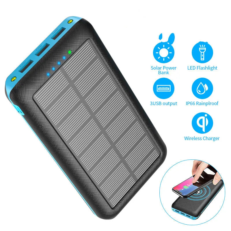 Wireless power bank with Qi charging showing three USB ports and LED flashlight in black-blue colour