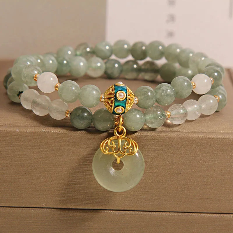 Women's aventurine double-layer jade bracelet with safety buckle in oil green with rhinestone accents