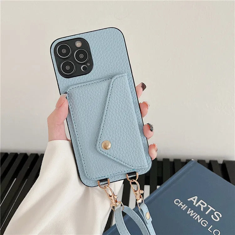 Lychee pattern envelope card holder phone case with long rope in black showing diagonal card slot and lychee texture