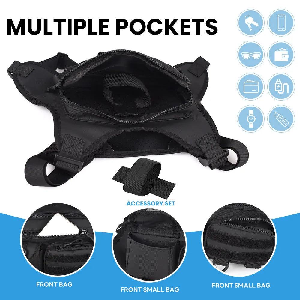 Men's outdoor chest bag in Oxford cloth with breathable vest design, available in black, blue, or grey