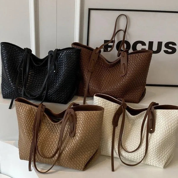 Large capacity PU woven bag for women in khaki colour with sandwich pocket and mobile phone pocket