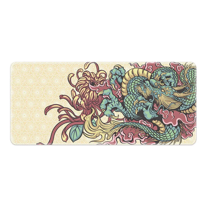 Large cloth gaming mouse pad with detailed flower dragon design and non-slip rubber base.