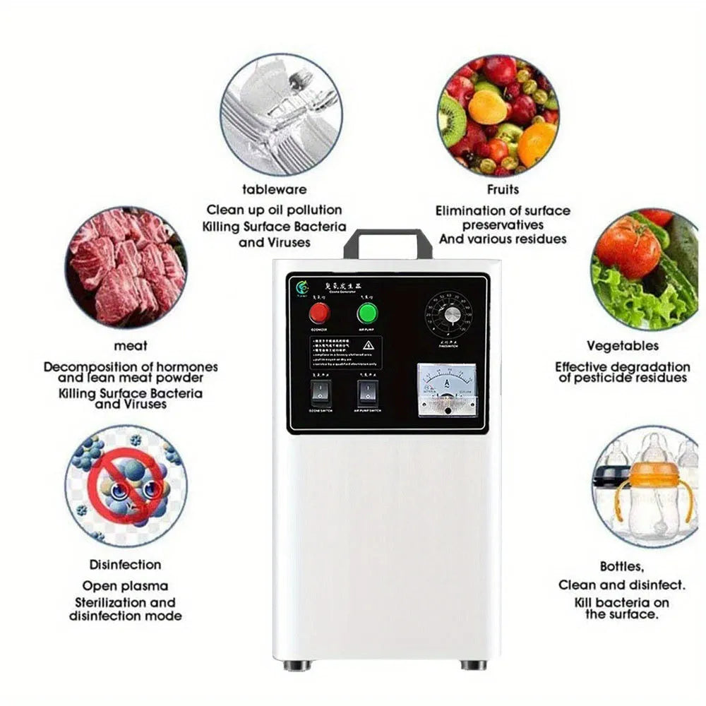 White or stainless steel air-cooled ozone generator for sanitising fruits and vegetables on a kitchen countertop.