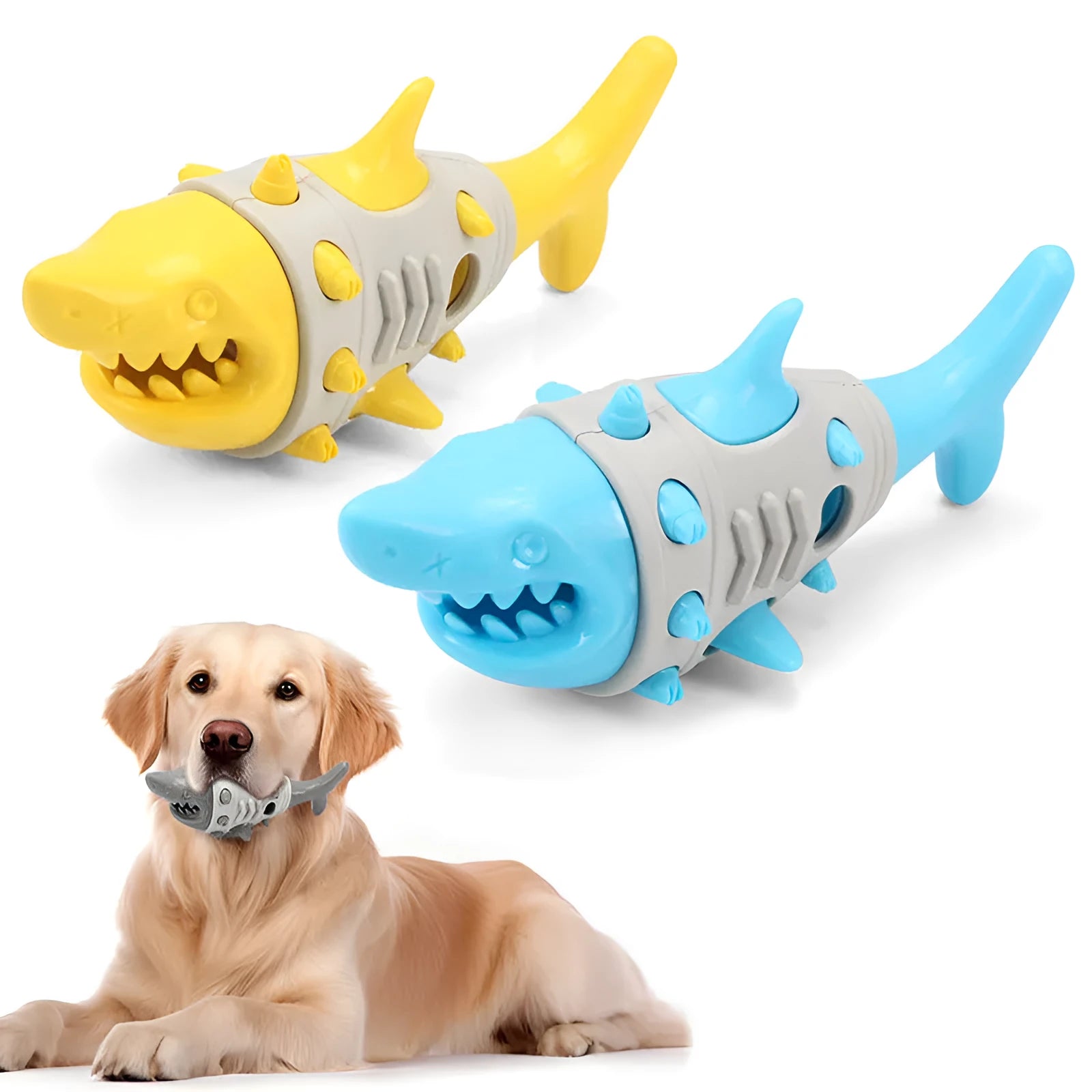 New dog teething leaky toy in blue with shark-tooth texture for cleaning and bite-resistant design