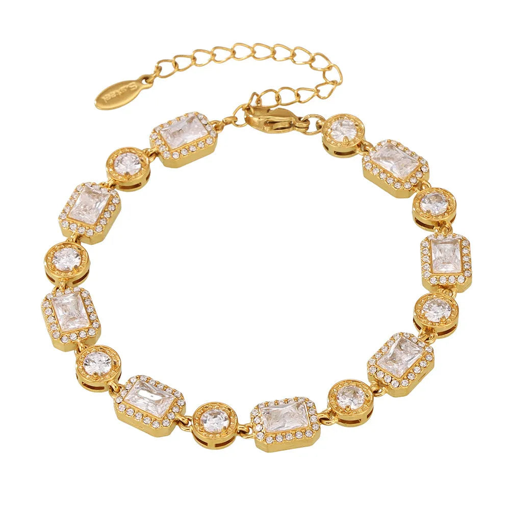 European American fashion titanium steel bracelet with square inlaid zircon rhinestones, geometric design, gold colour finish