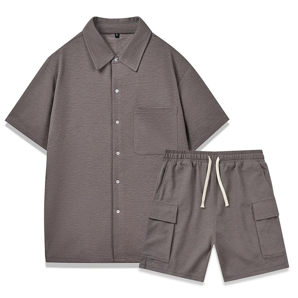 Women's casual two-piece lounge set with a plain top and elastic waist shorts in beige.