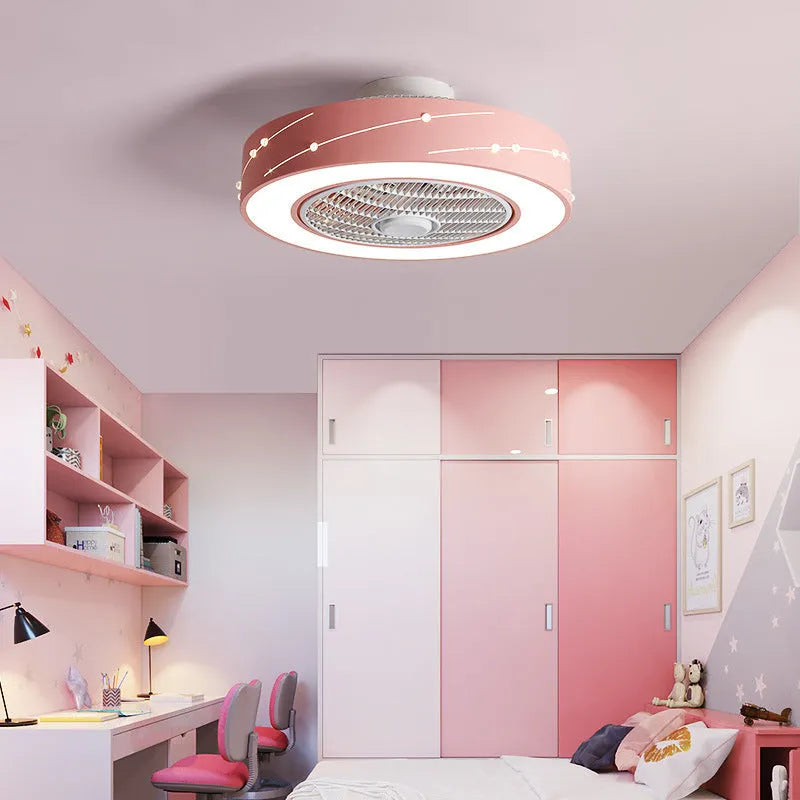 Round integrated LED ceiling fan lamp with remote control, 50cm, in white finish with acrylic shade and wrought iron body