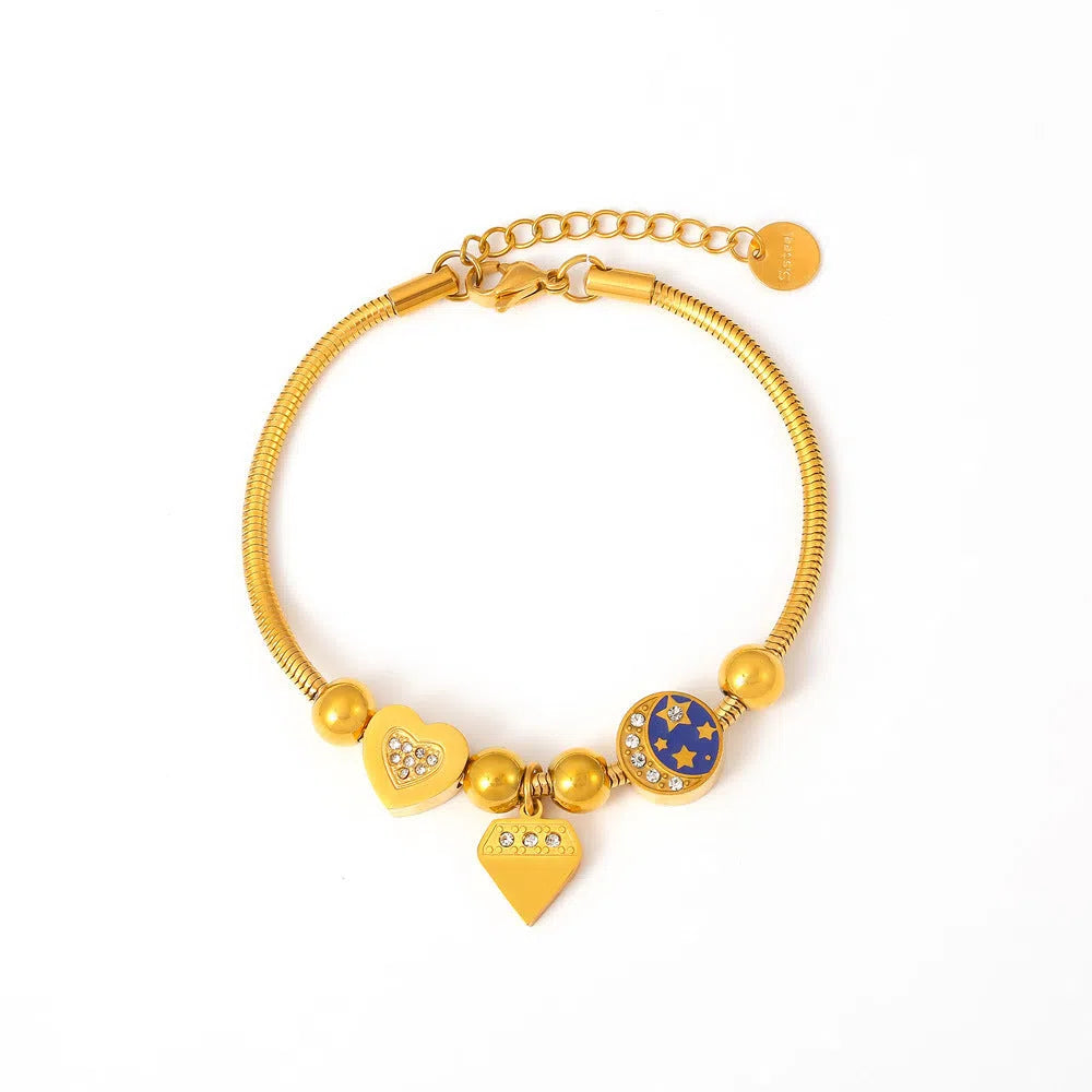 Gold stainless steel heart-shaped chain bracelet for women with drop oil finish geometric style