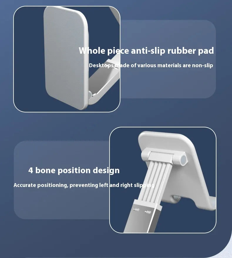 Foldable aluminium alloy phone holder in black on a wooden desk with a smartphone propped up for viewing