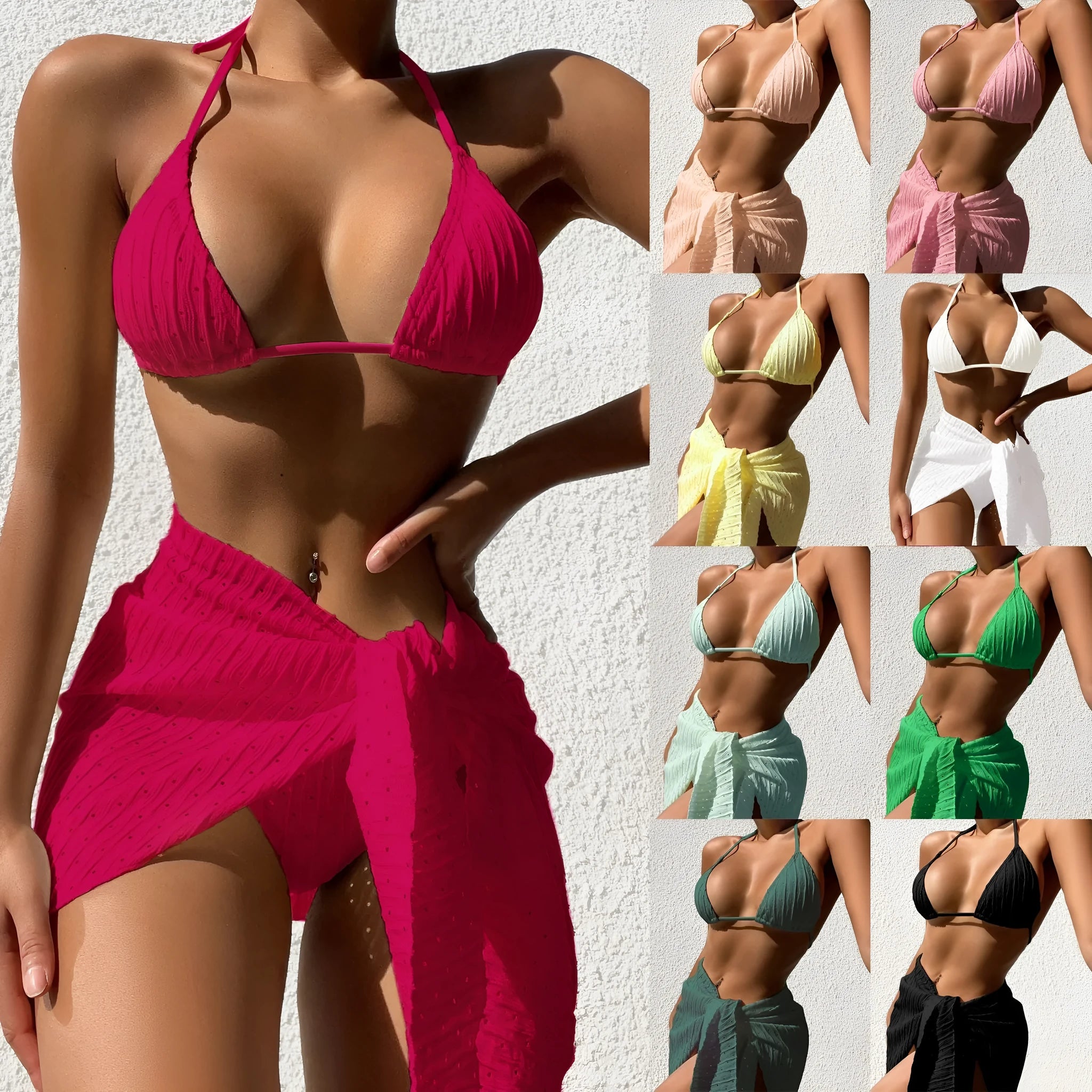 Women's halterneck bikini set with mesh skirt in solid colour on a mannequin.