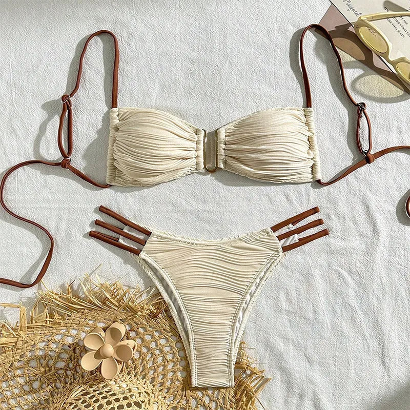 Women's three-piece striped polyester bikini set in European American style, available in five colours, sizes XS-L
