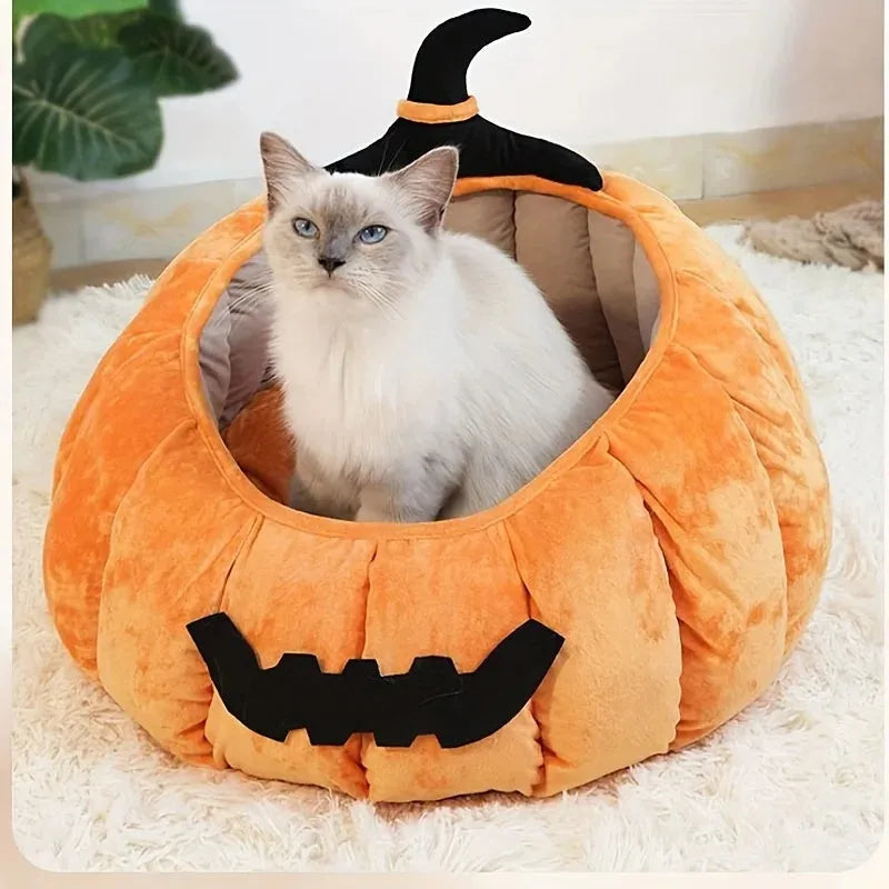 Halloween pumpkin cat bed with cartoon devil design in soft plush material