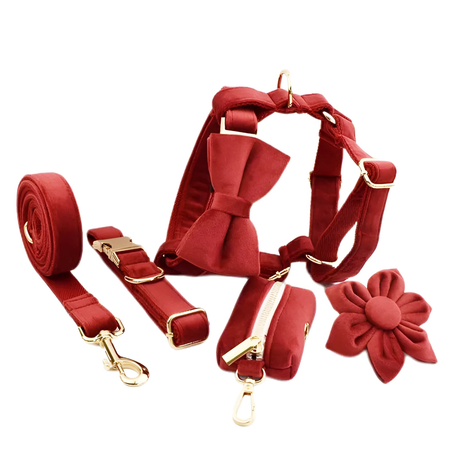 Cloth dog collar and leash set with matching vest, decorative bow, and dog poop bag accessories
