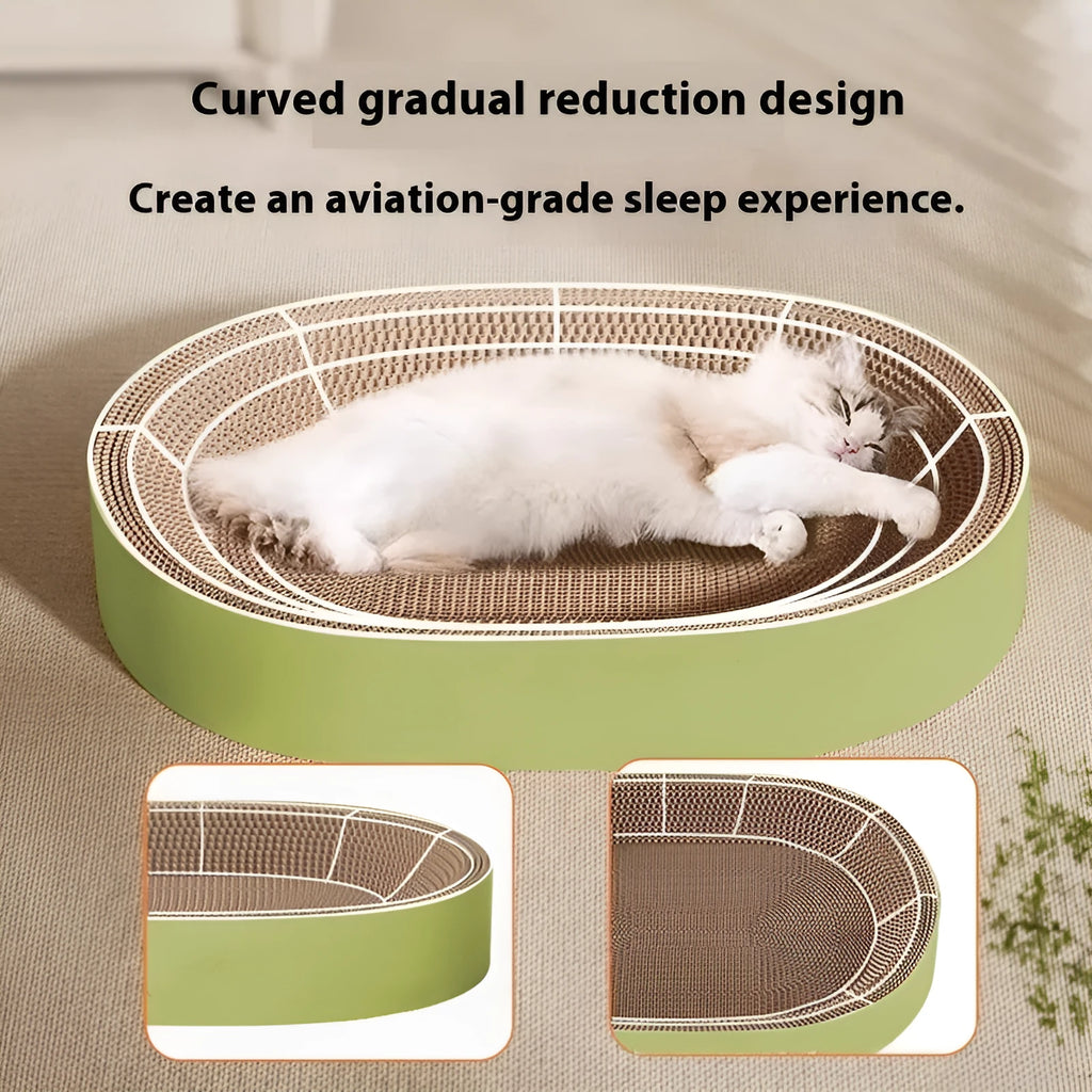 Green oval corrugated paper cat scratch board with integrated nest measuring 55cm in diameter
