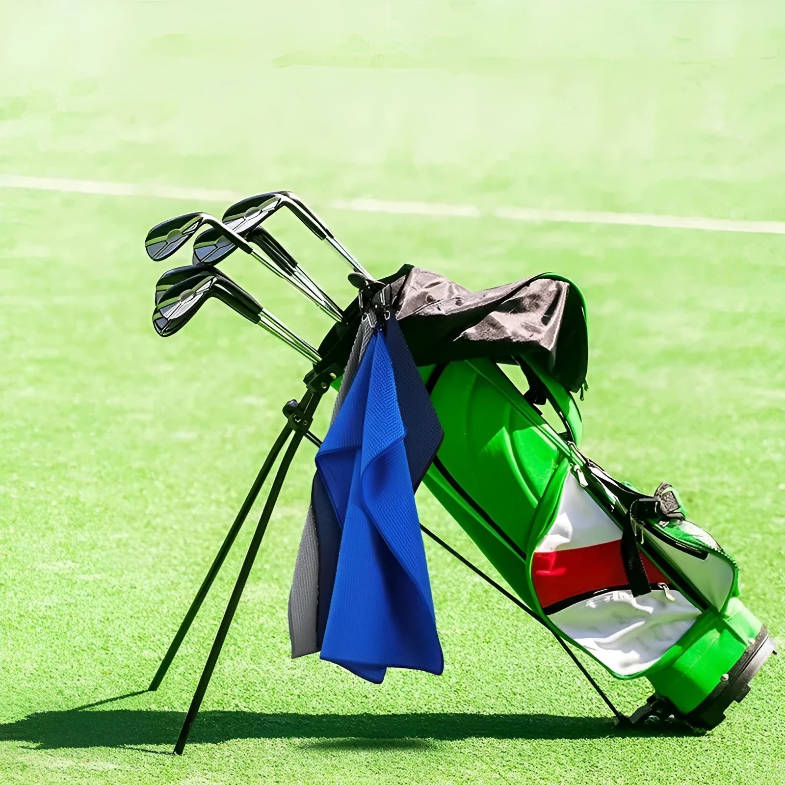Waffle weave golf ball cleaning cloth towel in assorted colours showing textured surface.