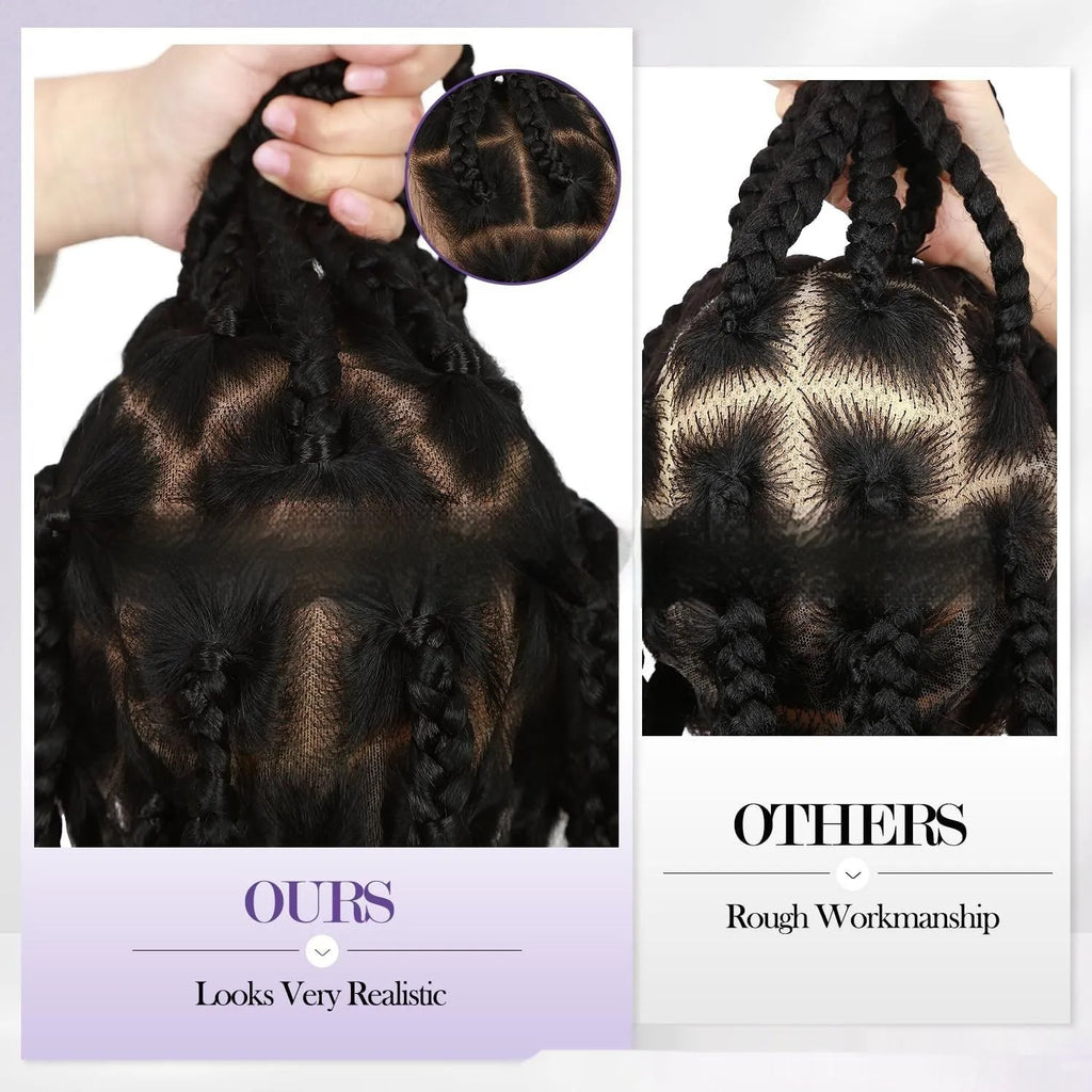Hand-woven full lace synthetic fibre three-strand braid wig cap in natural black 1B, 36 inches long