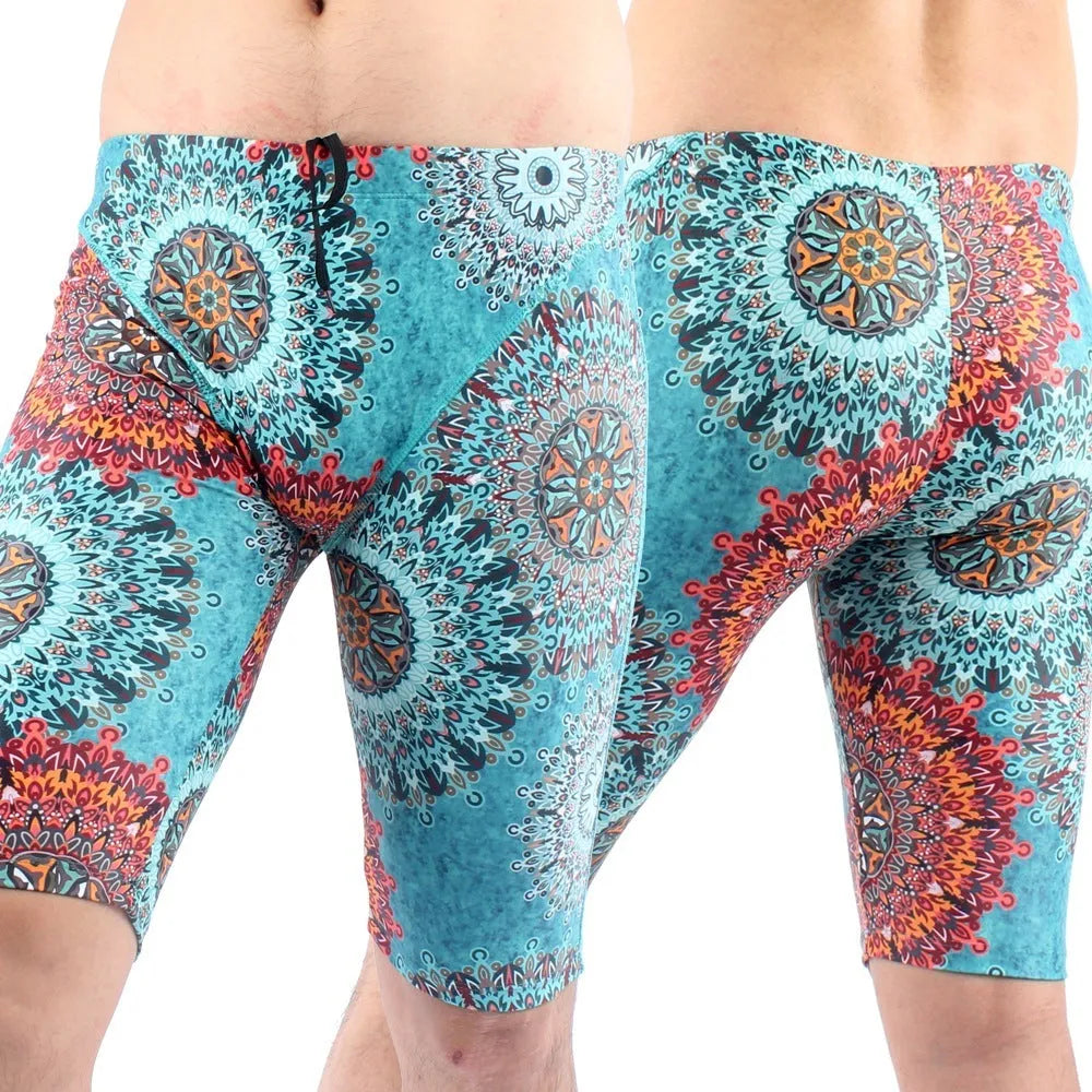 Men's green loose-fit five-point swimming trunks made from quick-drying nylon fabric.