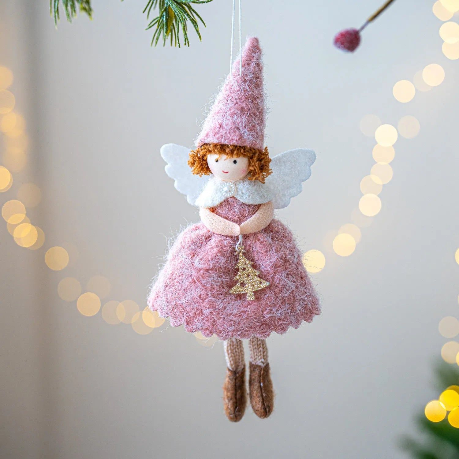 Christmas angel felt skirt pendant in white or pink with plush cloth construction