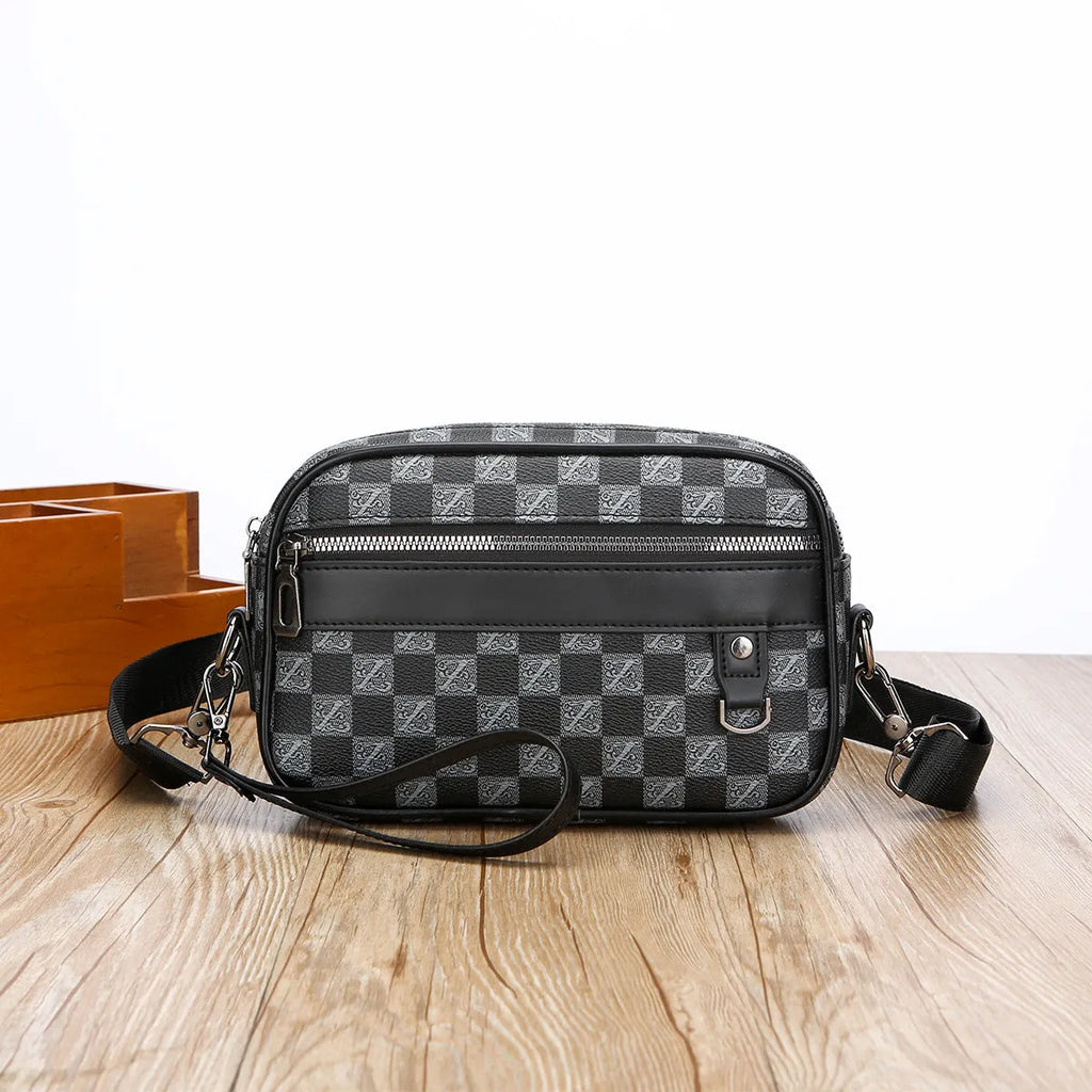 Men casual shoulder messenger bag horizontal large capacity PU geometric pattern in black colourway