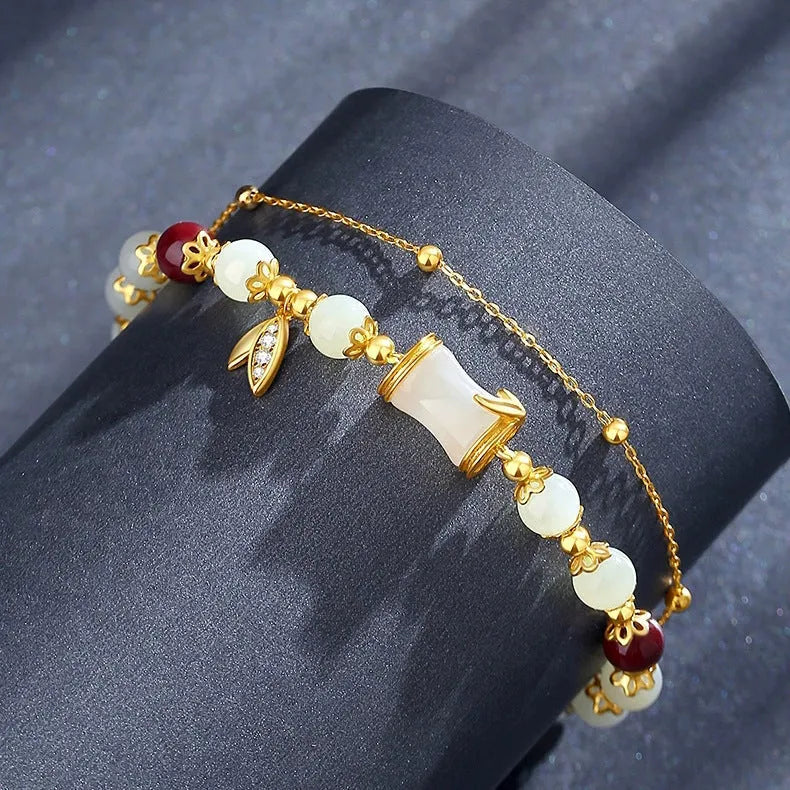 Retro bamboo Ruyi flower design glass bracelet in beige green light green white colours