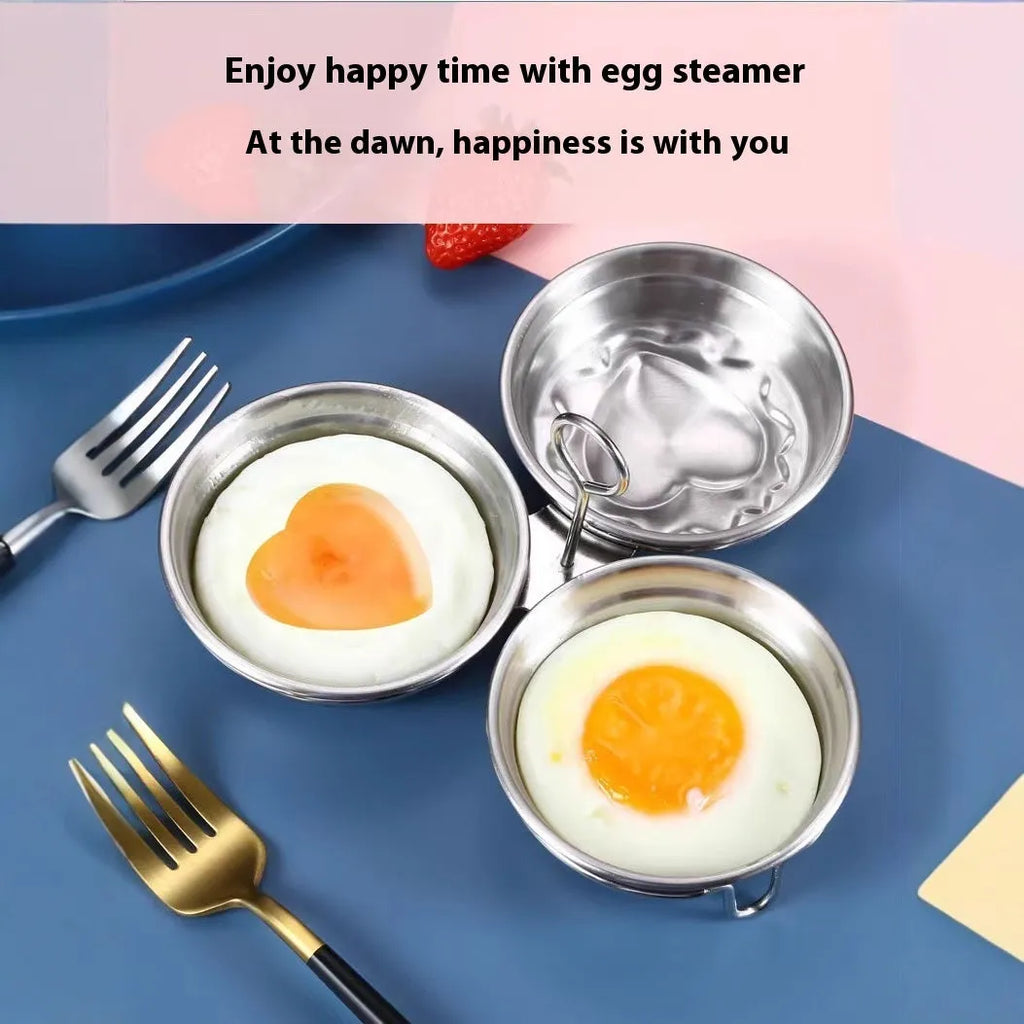 Mini stainless steel egg steamer for creating heart-shaped and round boiled eggs.