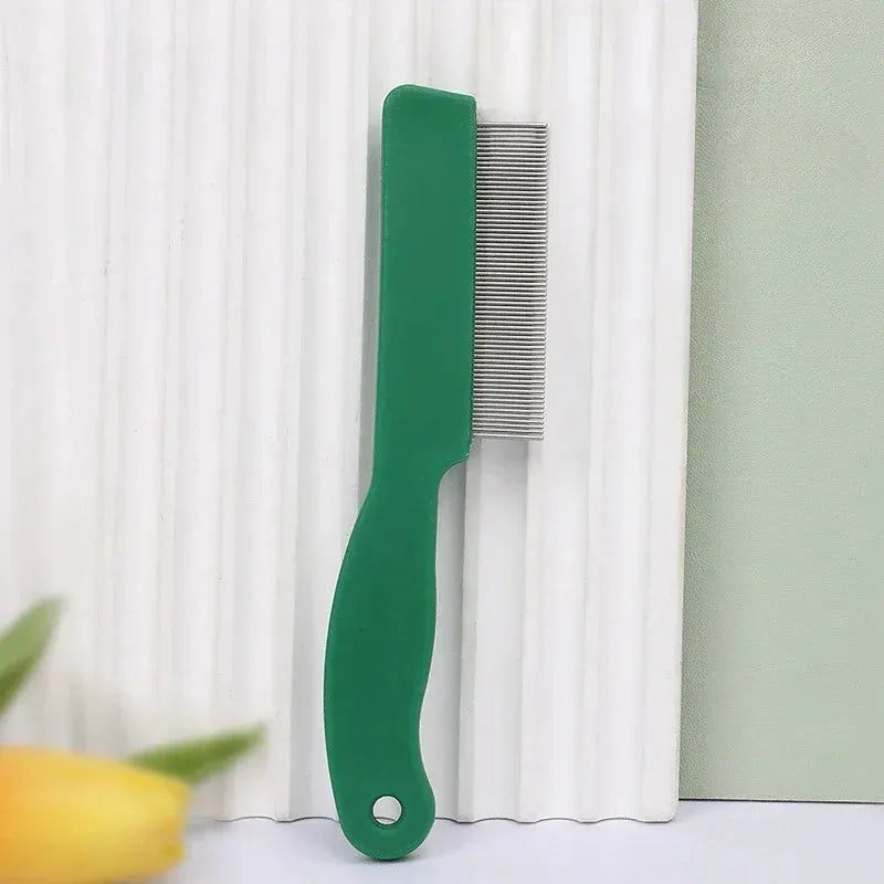Green plastic-handled stainless steel pet flea comb for dog and cat grooming measuring 129mm