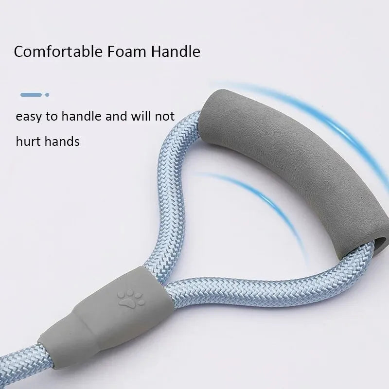 Blue double dog leash for two pets with foam-padded handle and metal clips.