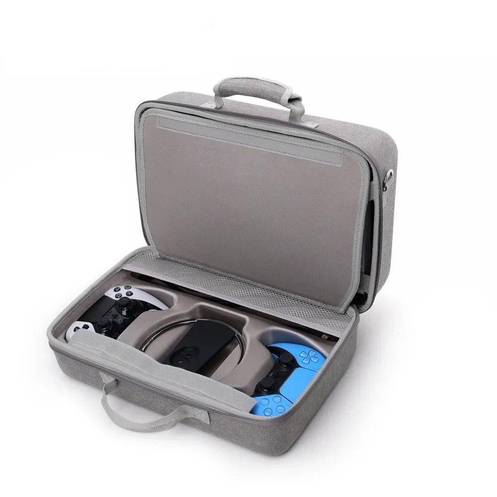 Grey EVA zippered storage bag designed for PS5 Slim console, 39x24.5x17cm