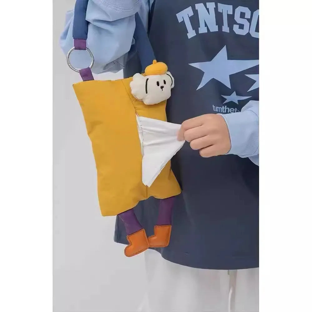 Plush hanging car tissue bag in hat dog or baby crocodile design for vehicle storage
