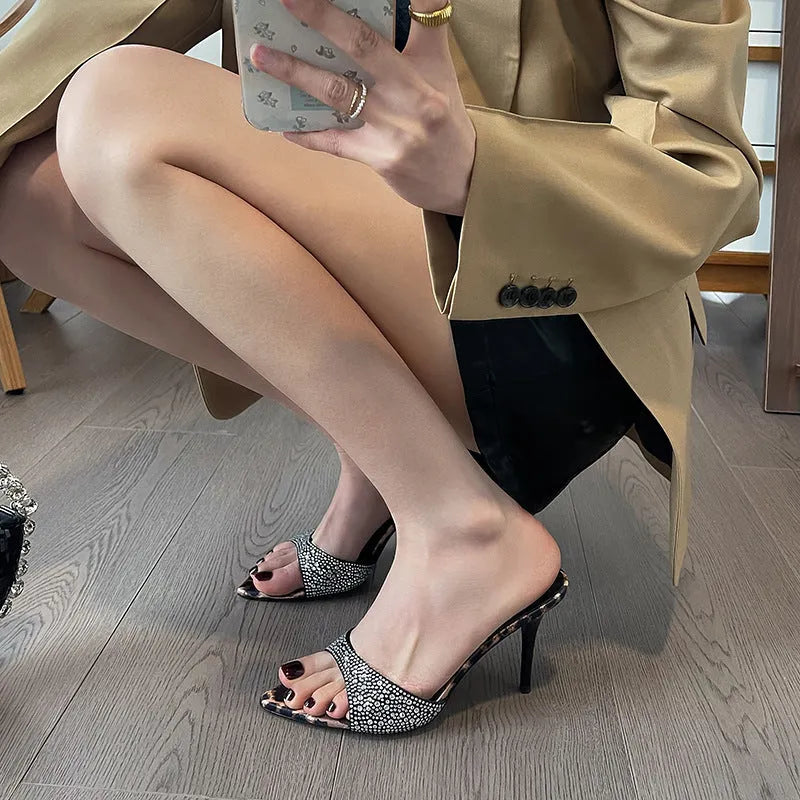 Pointed stiletto heel women's outdoor rhinestone sandals in black with microfiber upper