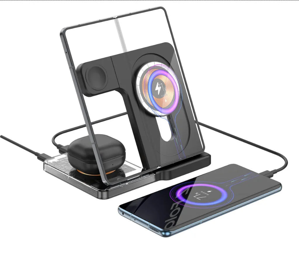 Foldable three-in-one wireless charging stand showing magnetic phone charger, Apple Watch dock, and earphone charging base