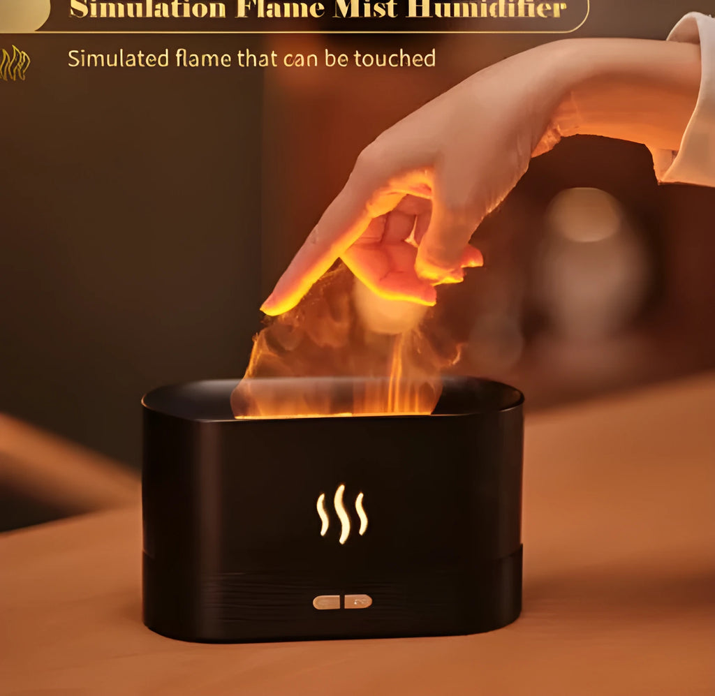 USB powered ultrasonic aroma diffuser with flame light, black, 180ml capacity, compact size