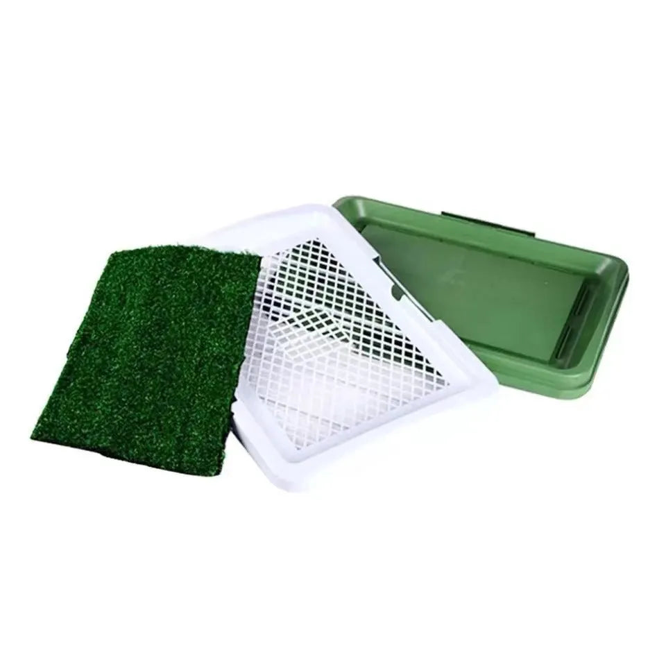 Green artificial grass pet toilet tray with three layer construction for indoor puppy training