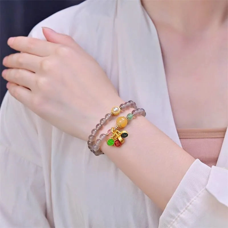Natural gray agate bracelet with two-circle retro design, handmade DIY, women's accessory