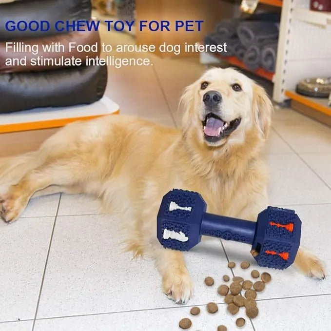 Durable black rubber dumbbell-shaped dog chew toy with textured surface for aggressive chewers.